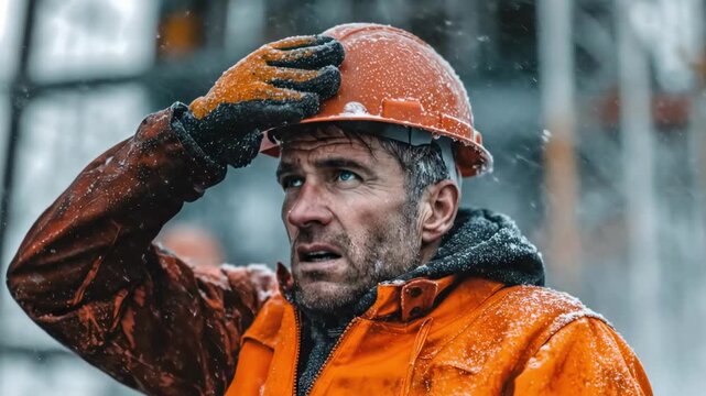 A rugged man in an orange hard hat and jacket shields his eyes from dense steam, vigilant and alert