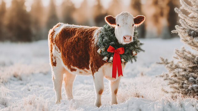 A delightful cow stands in a snowy field, wearing a festive Christmas garland with bells. The warm glow of the sunset enhances the winter atmosphere, creating a peaceful rural scene