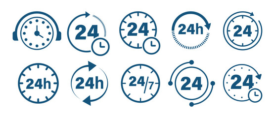 24-hour time icon vector set. Timer, countdown, clock, stopwatch vector in black and white color. 24h open all day service concept. Flat style. 