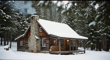 Snow Covered Log Cabin in Winter Forest
