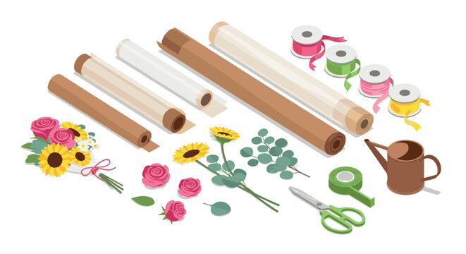 Isometric flower arrangement essentials wrapping paper, floral tape, scissors, watering can