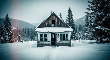 Snowy Cabin in a Winter Mountain Forest
