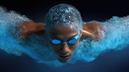 Close-up of a swimmer's face and upper body. the swimmer is in the middle of a backstroke stroke, with their arms and legs stretched out in front of them.