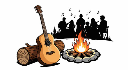 Campfire music gathering with guitar and logs