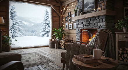 Warm Rustic Cabin Interior with Fireplace and Winter View