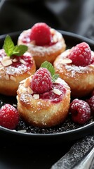 Delicious raspberry almond cakelets with powdered sugar and mint. Bite-Size Almond Raspberry Spoon Cakes