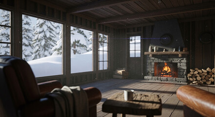 Cozy Snowy Cabin Interior with Fireplace and Winter Views
