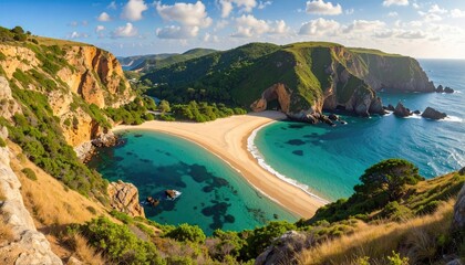 Obraz premium Serene Beach Landscape With a Single Person Walking on a Sandbar Surrounded by Turquoise Ocean Waters and Lush Green Cliffs Under a Bright Sunny Sky