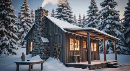 Snowy Winter Cabin in Forest at Sunset with Warm Interior Lights

