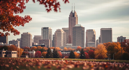 City Skyline Seen from Park with Autumn Leaves and Warm Afternoon Light
