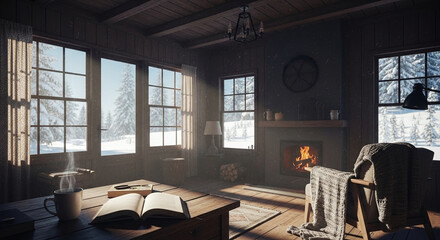 Cozy Winter Cabin Interior with Fireplace, Snowy Windows, and Warm Morning Light
