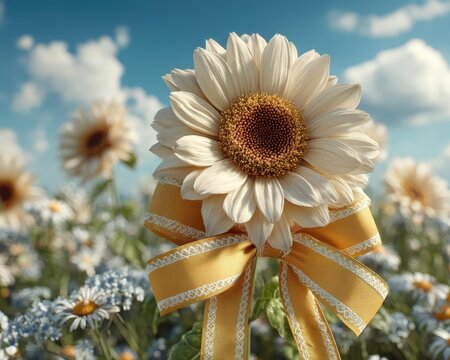 Close up of a vibrant daisy flower adorned with a yellow ribbon bow against a backdrop of wildflowers and a blue sky