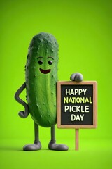 Cartoon pickle character with arms and legs, holding a chalkboard sign that reads Happy National Pickle Day, set against a vibrant green background celebrating food culture
