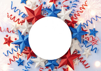 Fototapeta premium Festive Independence Day arrangement with shimmering stars circular white copy space