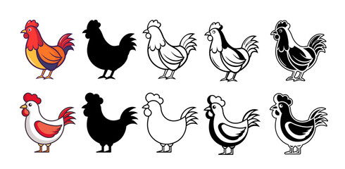 Fototapeta premium Set of Rooster Chicken Vector Graphics Poultry Farm Bird Animal Agriculture Cartoon Icon