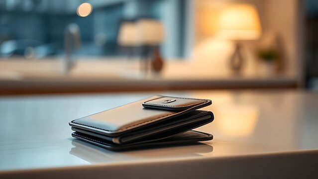 cardholder. Close-up of a stylish wallet on a simple countertop with warm ambient lighting. lifestyle magazines, social media lookbooks, designed for influencer and brand collaborations.