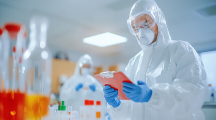 Scientist in protective gear analyzing data in a laboratory filled with glassware.