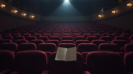 Fototapeta premium accuser. An empty theater auditorium with velvet seats and a lone spotlight on an unfinished script. event programs, museum guides, designed for cultural heritage projects and event programs.