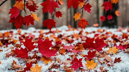Vibrant red and orange autumn maple leaves scattered on fresh white snow, seasonal transition from fall to winter, natural outdoor landscape, colorful foliage contrast. Generative AI.