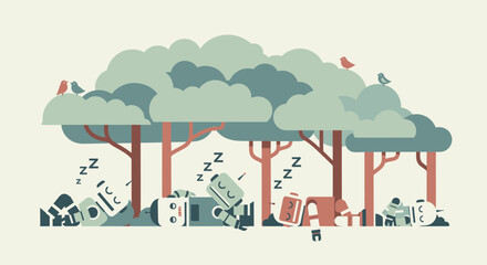 Naklejka premium Sleeping electronic devices under the trees in the forest illustration.