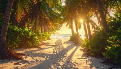 Obraz premium Sunlight Streams Through Palm Trees Onto Sandy Path Leading To Tropical Beach Ocean Shoreline With Gentle Waves Under Golden Hour Sky
