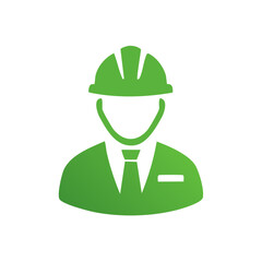 Professional green icon of an engineer or construction worker in a hard hat and tie for industry safety and management