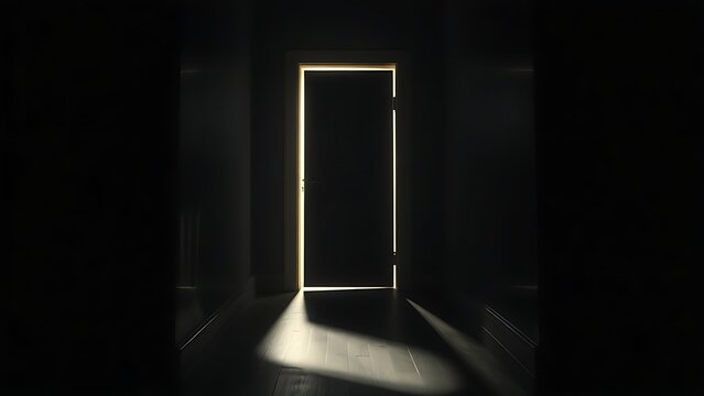 algicide. Dim corridor with a half-open door, mysterious light streaming through the crack. real-estate listings, architecture portfolios, designed for interior renovation comparisons for interiors.