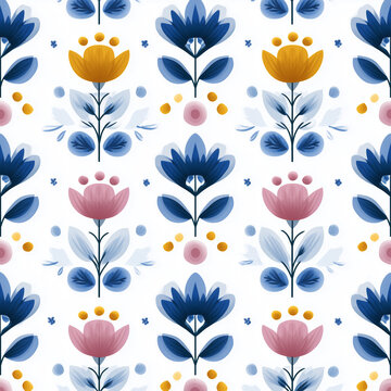 Scandinavian folk art seamless pattern design digital illustration floral motifs minimalist style creative background