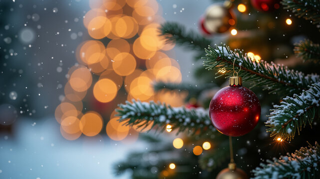 Christmas and Happy new year on blurred bokeh christmas tree with snowfall background.
