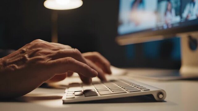 Close-up of older hands typing on a computer keyboard at night. A person working late in a dark office. Remote work and digital communication
