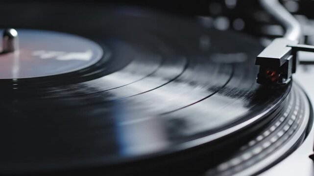 Close up view of a spinning vinyl record on a turntable with the stylus tracking the grooves, representing nostalgic music culture, analog audio, and high fidelity sound entertainment