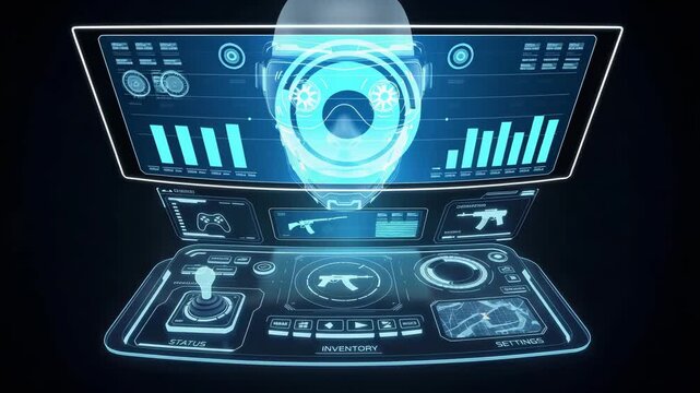 Futuristic holographic interface displaying a robot face and control panel with weapons and game controller icons