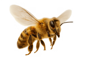 Honey bee flying with wings spread, a small insect in motion, brown and yellow stripes on transparent background