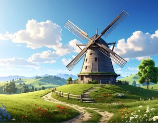 A picturesque countryside scene showcases a rustic windmill perched on a grassy hill, path leading up, under a bright blue sky