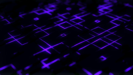 Abstract technology background of violet lines on black background with bokeh and shadows. Futuristic technology grid of neon purple lines forming a microcircuit. Finance, economy, data, server. 
