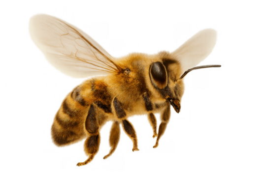 Honey bee flying with wings spread, a small insect in motion, brown and yellow stripes on transparent background