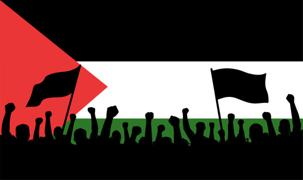Justice for Palestine Flag Illustration with Black Silhouette People Vector Design Symbolizing Freedom and Solidarity
