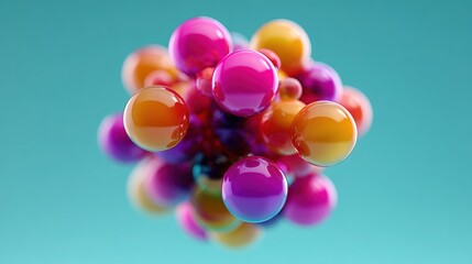 Fototapeta premium 3d rendering of a cluster of colorful spheres. the spheres are of different sizes and colors, including pink, orange, yellow, and purple.