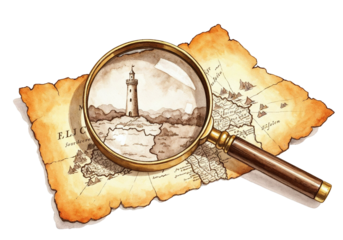 Exploring a Lighthouse on a Vintage Map with Magnifying Glass - Discovery, Exploration Concept