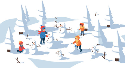Children building snowmen in snowy forest fun winter activities for kids in a flat style