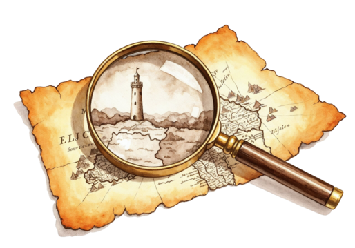Exploring a Lighthouse on a Vintage Map with Magnifying Glass - Discovery, Exploration Concept