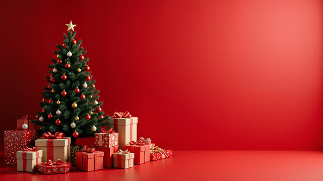 New Year's studio with a red background with all the toys, gifts and a Christmas tree, without people, space for text,
- Powered by Adobe