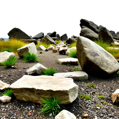Rocks and vegetation scattered across a sandy natural landscape scene
