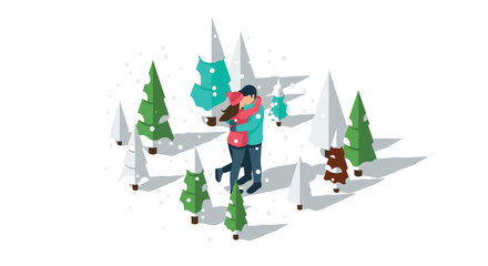 Winter romance couple embracing in a snowy forest with isometric design