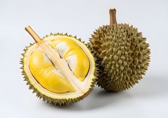 Exotic Durian Fruit Halved to Reveal Creamy Flesh and Spiky Exterior on White Background