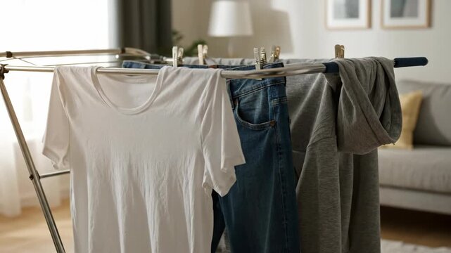 Freshly washed clothes drying on a rack indoors. Domestic laundry chore in a living room. Sustainable housekeeping concept