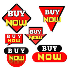 Buy Now Button Collection PNG | 6 Red & Yellow Call-to-Action Badges, Sale Stickers, Marketing Labels for Digital Stores, labels set
