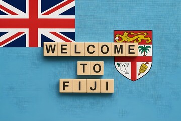 Fototapeta premium Welcome to Fiji on Fiji flag. For vacation, travel promotion, or island culture visuals