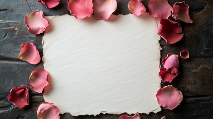 Blank Vintage Paper Scroll Surrounded by Pink and Red Rose Petals on a Dark Rustic Wooden Background.