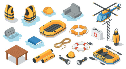 Isometric rescue equipment set with life raft, life jackets, and helicopter for safety planning